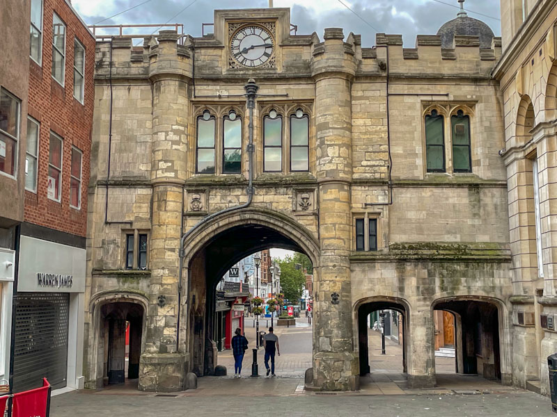 Lincoln Guildhall gateway from the north, Lincoln, July 2023