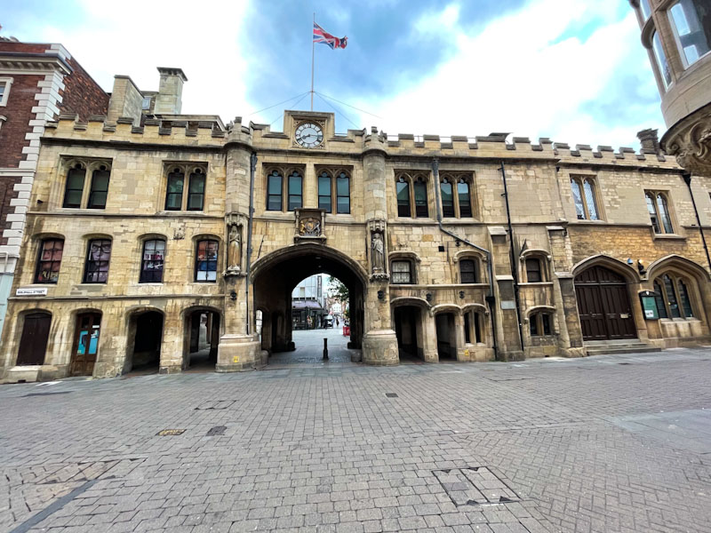 Lincoln Guildhall gateway from the south, Lincoln, July 2023