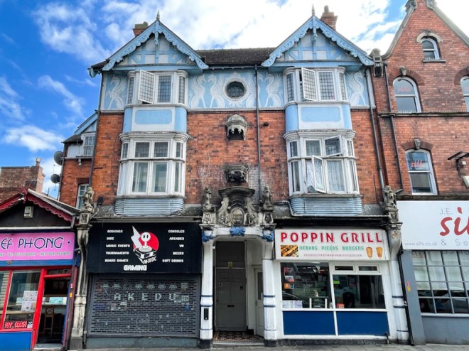 St Hugh's Chambers building with recessed front door, Lincoln, July 2023