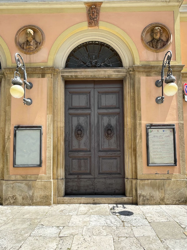 Door to the Teatro Comunale, Todi, Umbria, Italy, July 2023