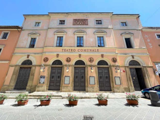 Five doors of the Teatro Comunale, Todi, Umbria, Italy, July 2023