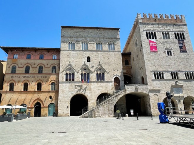 Doorways and doors in the Piazza del Popolo, Todi, Umbria, Italy, July 2023