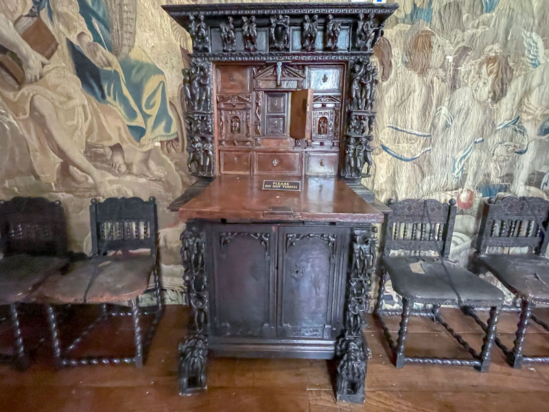 Stunning writing desk with multiple drawers and doors, Cotehele, Cornwall, August 2023
