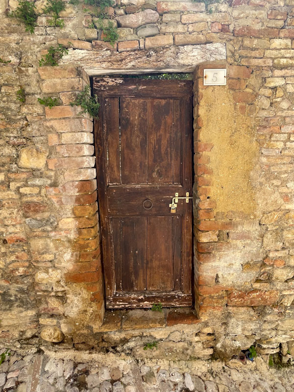 Garden door - there is a gecko on this door to the left of the number 5 where the light streak is (almost impossible to see), Montefalco, Umbria, Italy, July 2023
