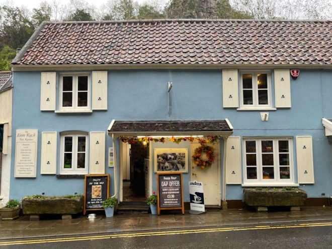 Tearoom doors, Cheddar Gorge, Somerset, October 2023