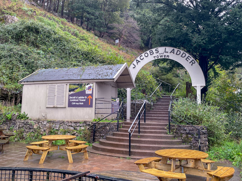 Entrance to Jacobs Ladder - a long set of steps to the top of the gorge, Cheddar Gorge, Somerset, October 2023