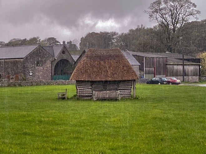 Village green during a cloudburst, Priddy, Somerset, October 2023