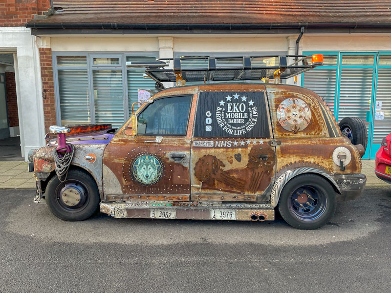 Pimped London cab? - EKO Mobile Barber car doors, Nottingham, November 2023