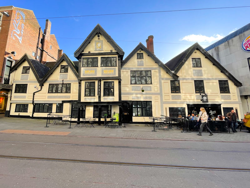 Old building, with a single door (established 1643), Nottingham, November 2023