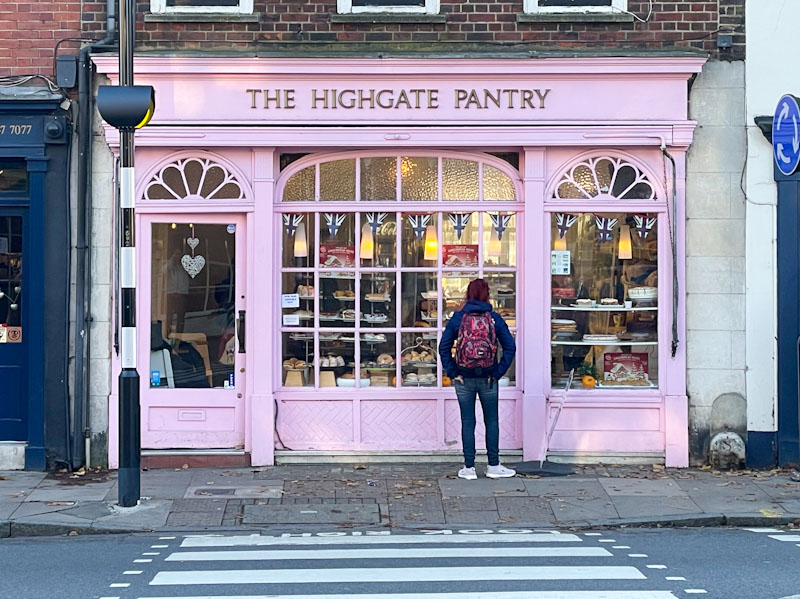 Pink doors of the Highgate Pantry (formerly Wylies Bakery), Highgate, London, November 2023