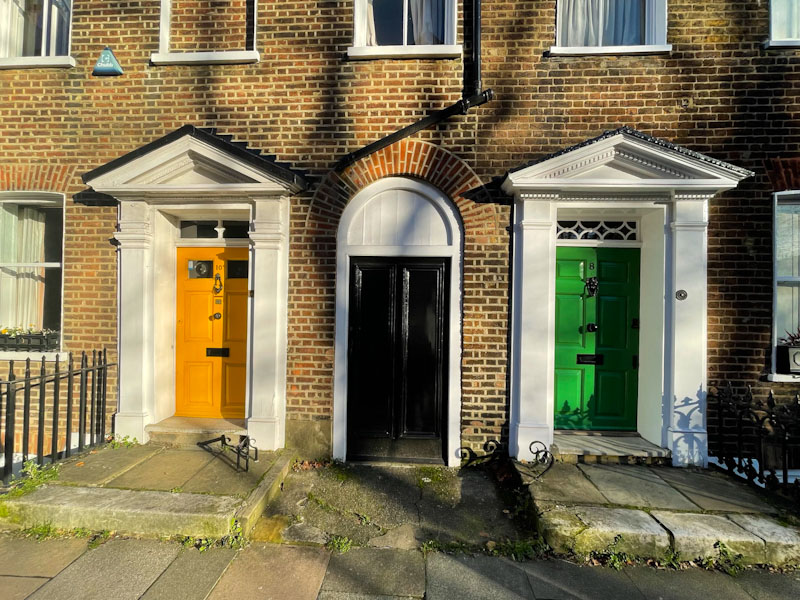 Yellow door, black door, green door, Highgate, London, November 2023