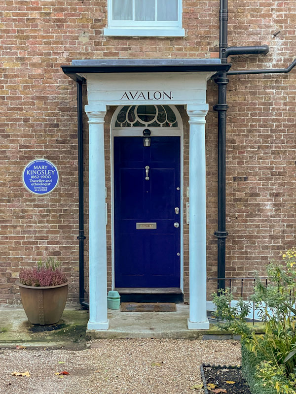 Fine blue door, fanlight and portico, Highgate, London, November 2023