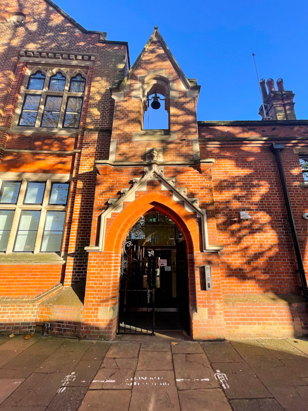 The main entrance gate and doorway, Highgate School, Highgate, London, November 2023