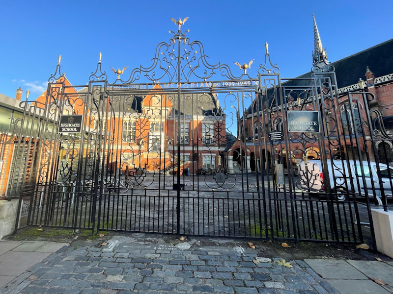 Gate to the quadrangle (I think that is what it was called), Highgate School, Highgate, London, November 2023