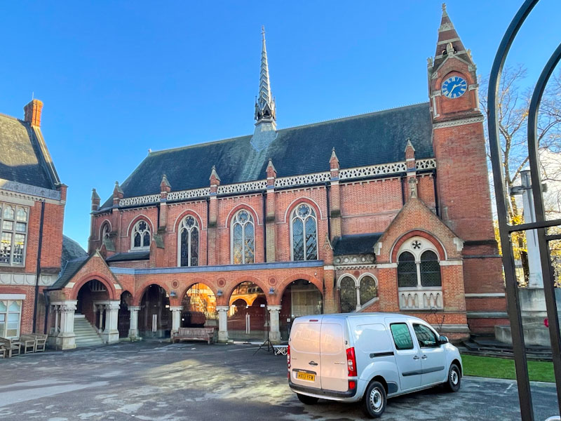 Doors and steps to the school chapel, Highgate School, Highgate, London, November 2023