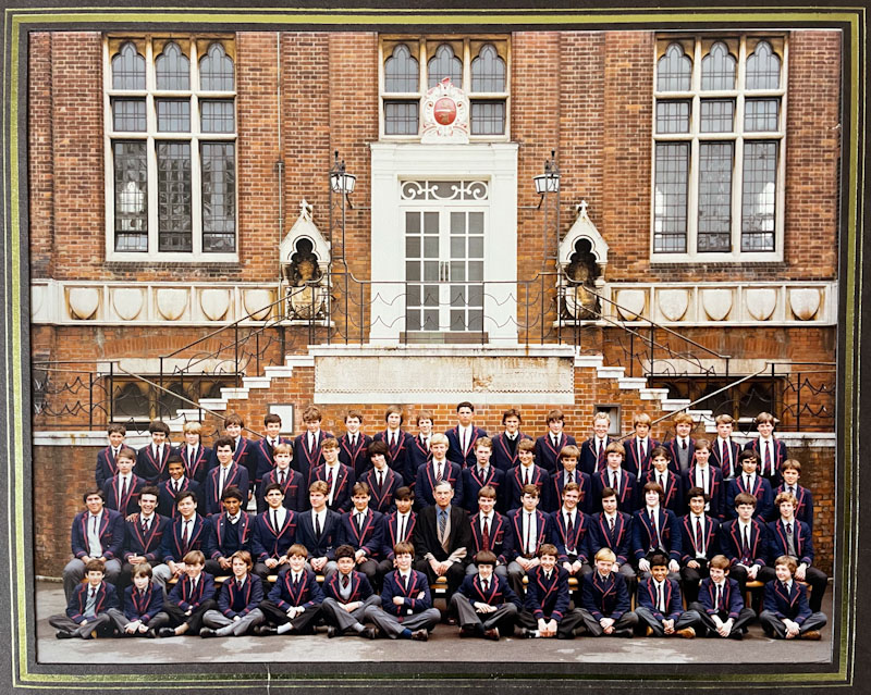 Eastgate house photograph circa. 1980/81 in front of the school halll door, Highgate School, Highgate, London, November 2023