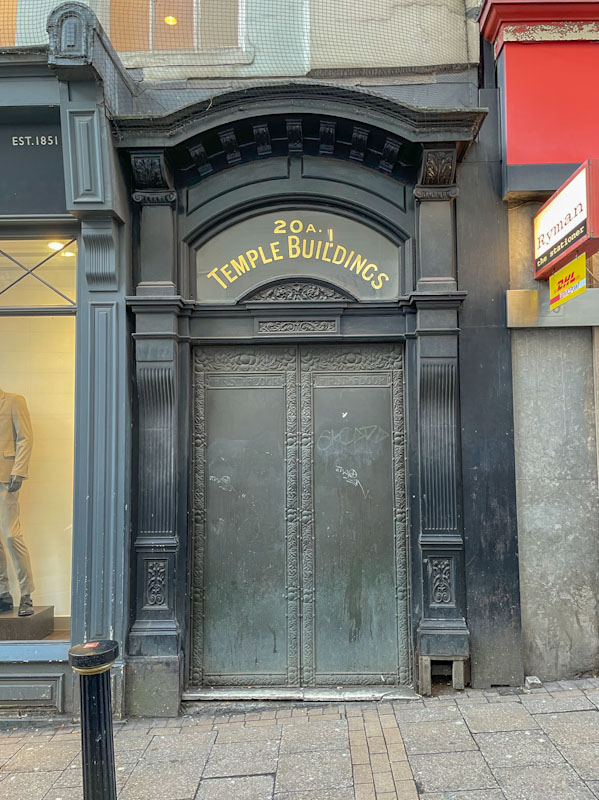Austere Temple Buildings doors, Birmingham, November 2023