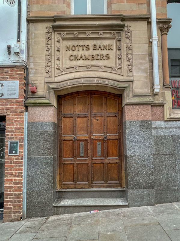 Notts Bank Chambers doors, Nottingham, March 2024