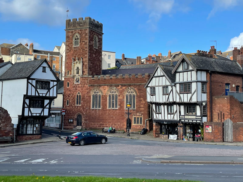 'Chocolate box' scene in Exeter (plenty of doors to choose from), Exeter, Devon, October 2023
