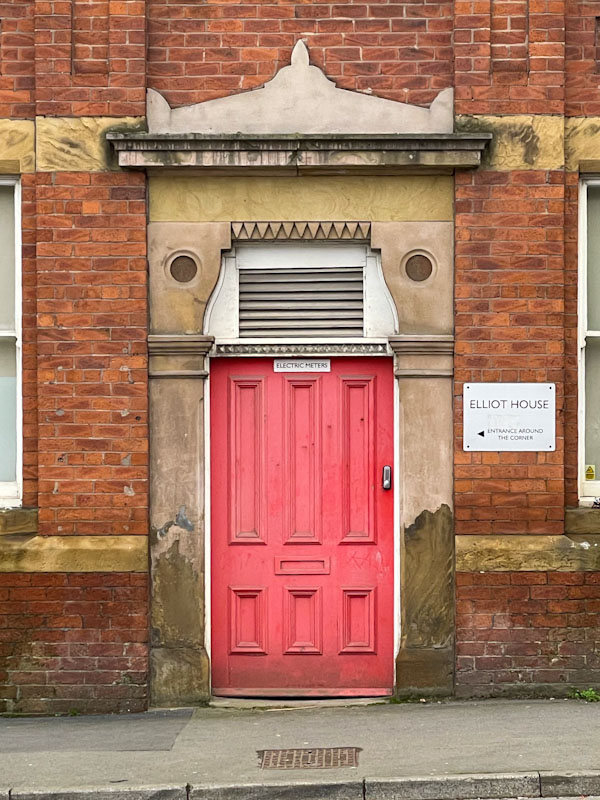 Red electric meters door, and interesting stone surround, Sheffield, November 2023, Sheffield, November 2023