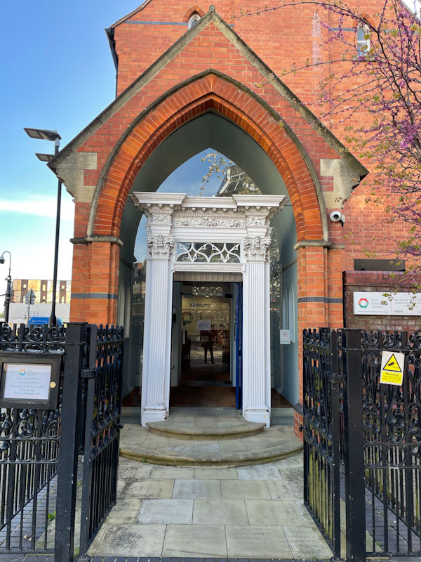 Exotic doorway fusing the old with ther new, Peterborough, April 2024