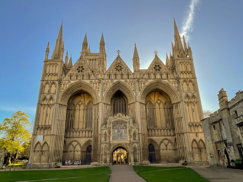 Front elevation and entrance to Peterborough Cathedral, Peterborough, Cambridgeshire, April 2024