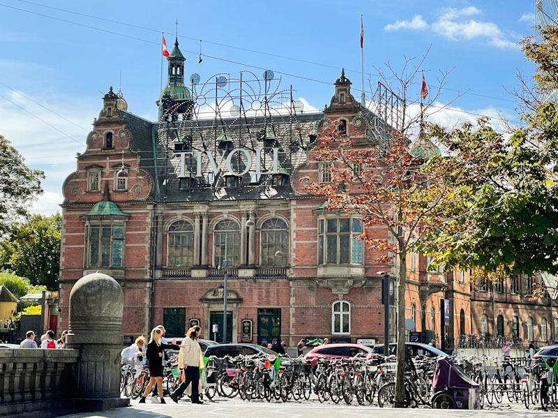 Three doors on the brick building which is on the western edge of Tivoli Gardens theme park, Copenhagen, Denmark, September 2025