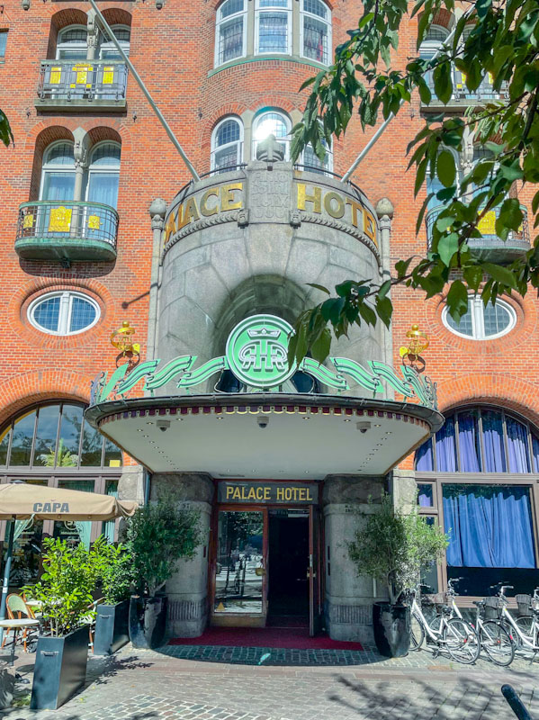 Glass doors and grand entrance to the Palace Hotel, Vestervold, Copenhagen, Denmark, September 2025