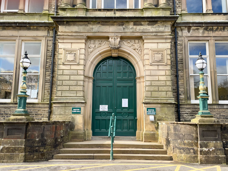 Fancy front door of Buxton town hall, Buxton, Derbyshire, April 2024