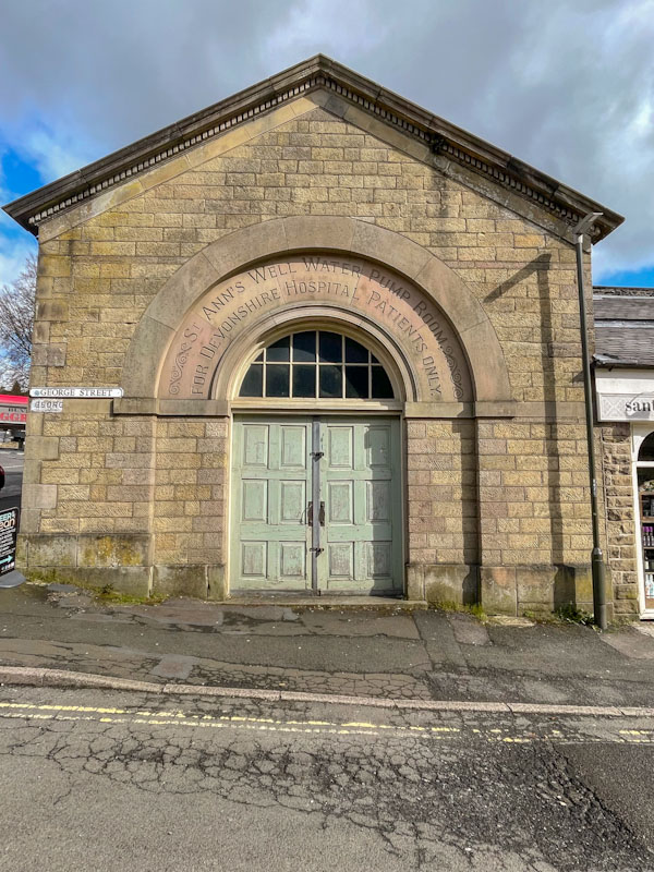 Double doors to St Ann's Well Water Pump Room (for Devonshire hospital patients only), Buxton, Derbyshire, April 2024