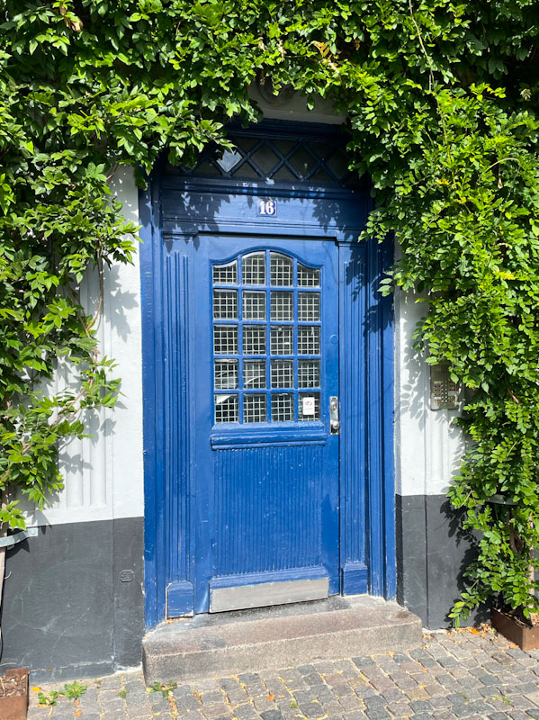 Fine blue door with a kick board and glass panels, Sonder Boulevard, Copenhagen, Denmark, September 2024