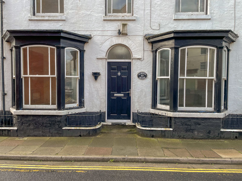Classic seaside town door and house frontage, Cleethorpes, England, September 2023