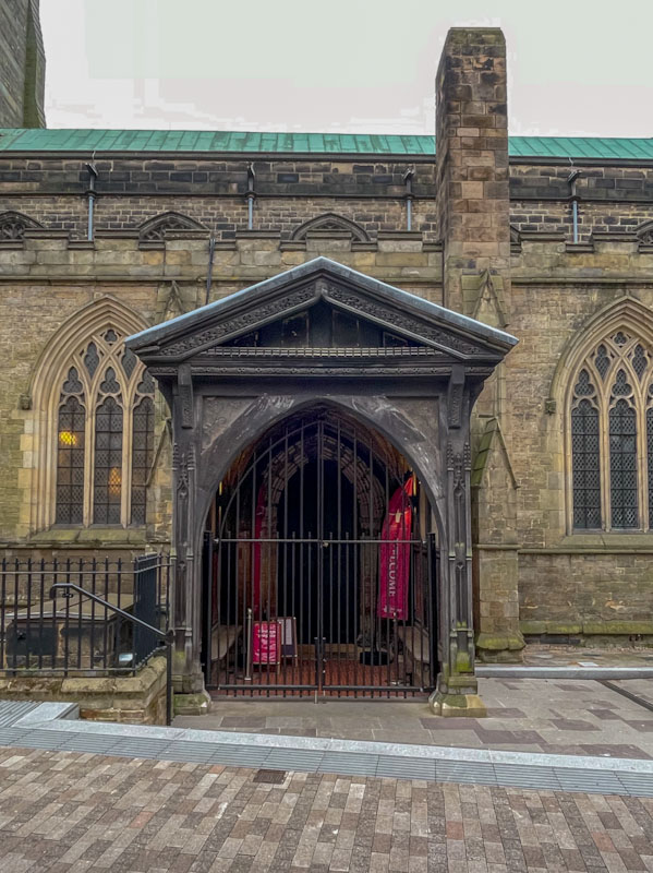 Main door to Leicester Cathedral, Leicester, Leicestershire, May 2024