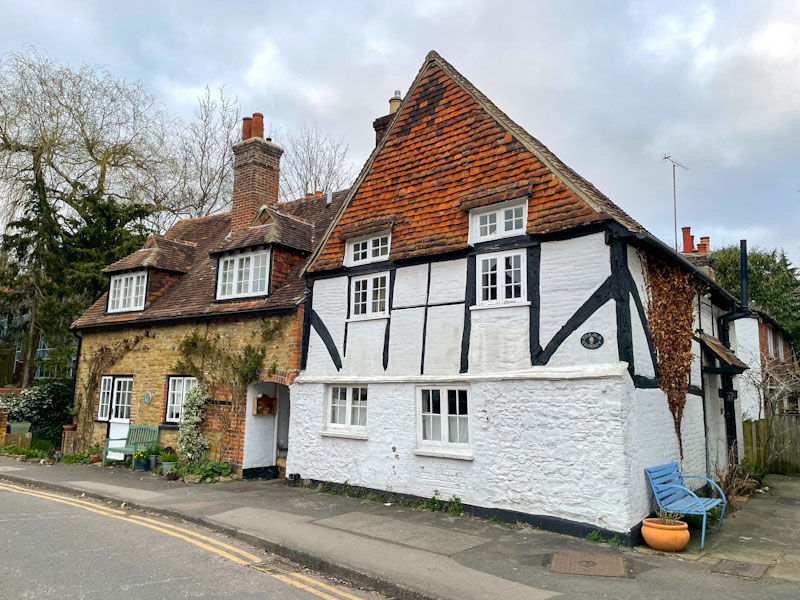 Timber framed house and door, Mill Lane, Godalming, Surrey, March 2025