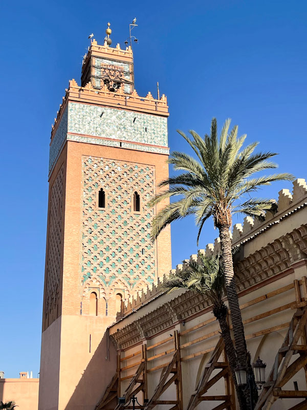 Minaret and supported walls (earthquake damaged) of the Moulay El Yazid Mosque, Place My Yazid, Marrakesh, Morocco, January 2025