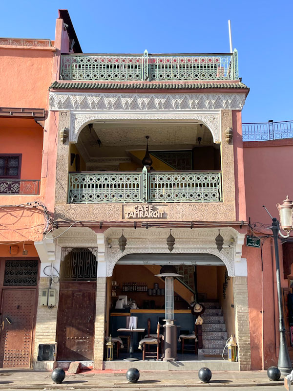 Cafe Tamrakcht with side door and open front, Rue de la Kasbah, Marrakesh, Morocco, January 2025