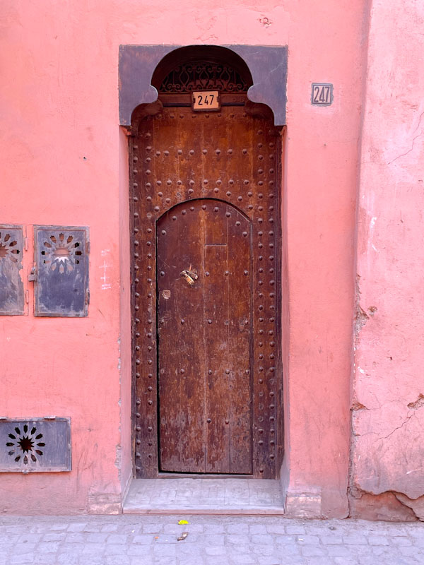 Tall slim studded door and doorway, Tariq Makhzen, Marrakesh, Morocco, January 2025