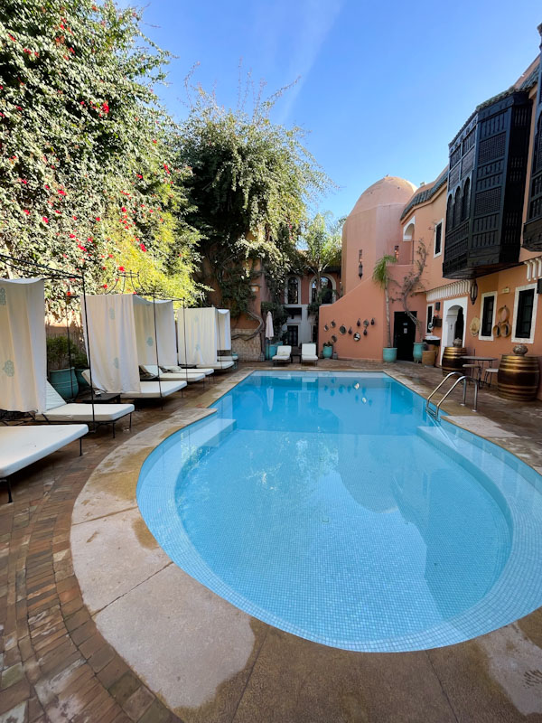 The swimming pool area, Les Borjs del la Kasbah, Marrakesh, Morocco, January 2025