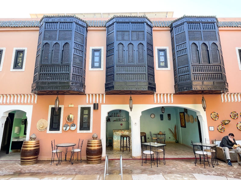 Stunningly recreated balcony windows overlooking the pool, Marrakesh, Morocco, January 2025