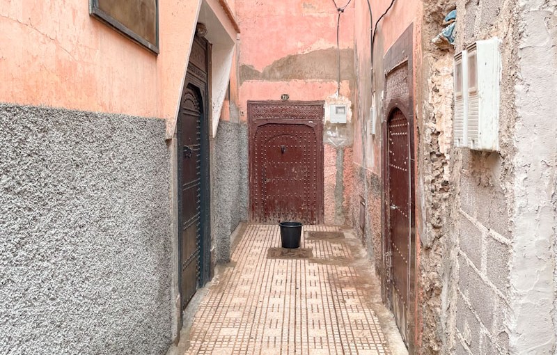 Three studded doors in a side alley, Tariq Sahrij Gnaoua, Marrakesh, Morocco, January 2025