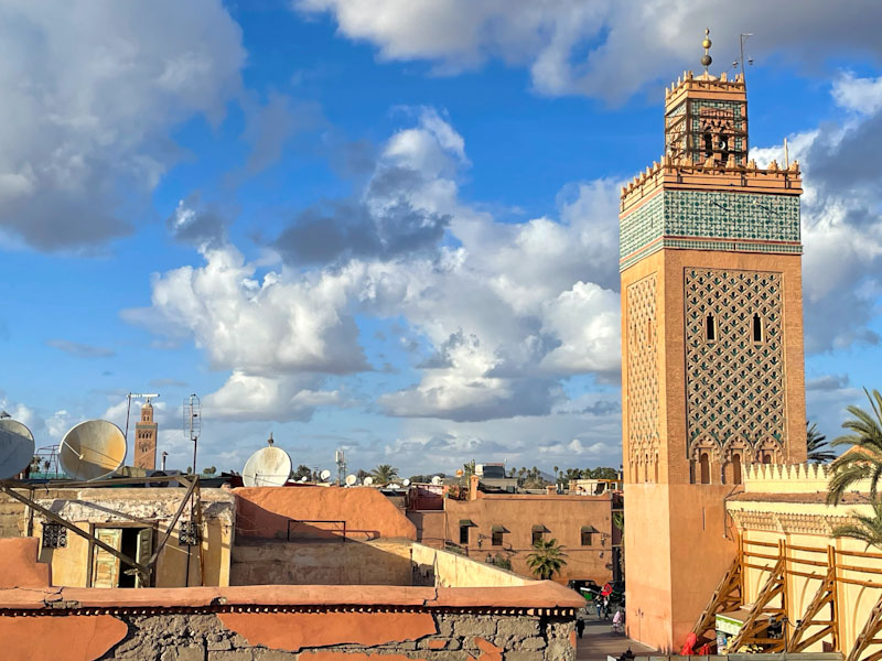 View towards the Koutoubia Mosque from the Kasbah Cafe, Rue de la Kasbah, Marrakesh, Morocco