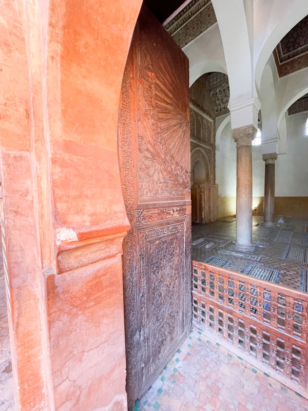 External door and doorway into the Chamber of the Mihrab, the Saadian Tombs, Marrakesh, Morocco, January 2025