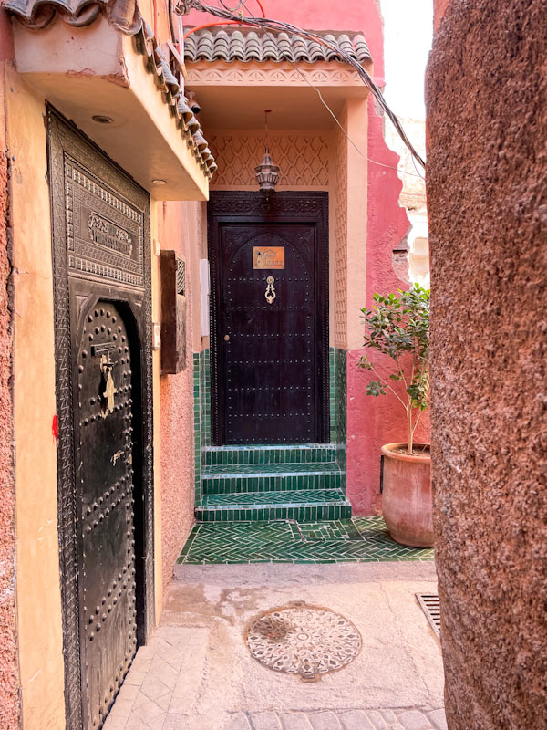 Door to Riad Jazz with beautiful green tile steps, Riad Jazz, Marrakesh, January 2025