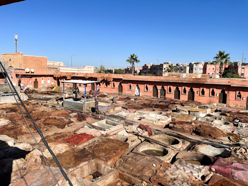 Hides and carpets covering tanning pits and some doors, the Tanneries, Rue Errachidia, Marrakesh, Morocco, January 2025