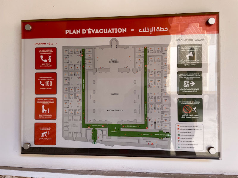 Evacuation plan, giving a picture of the vast number of rooms/cells in the building, Madrassa Ben Youssef, Marrakesh, Morocco, January 2025