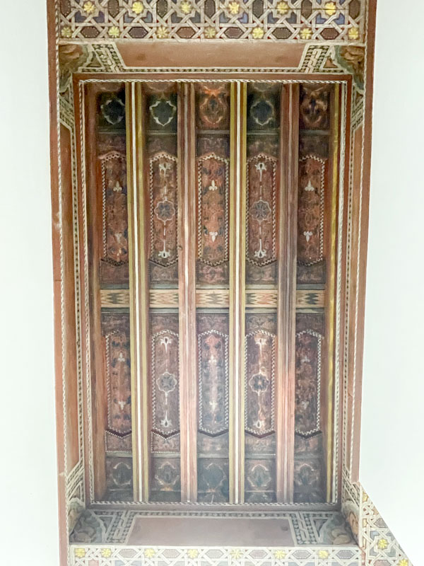 Decorative wooden ceiling, Madrassa Ben Youssef, Marrakesh, Morocco, January 2025