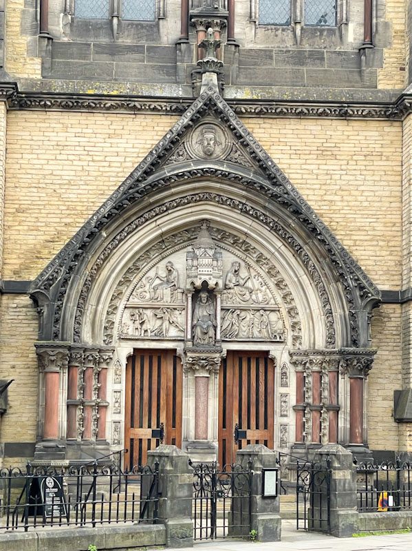 Modern pair of church doors and entrance, York, North Yorkshire, June 2024