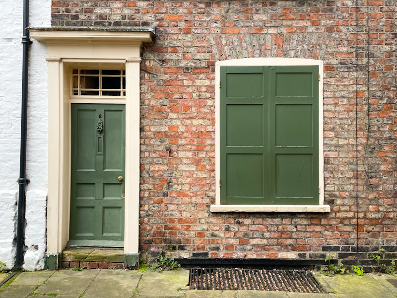 Green door and shutters, Your, North Yorkshire, June 2024