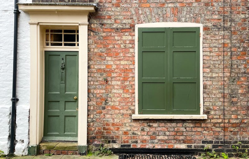 Green door and shutters, Your, North Yorkshire, June 2024