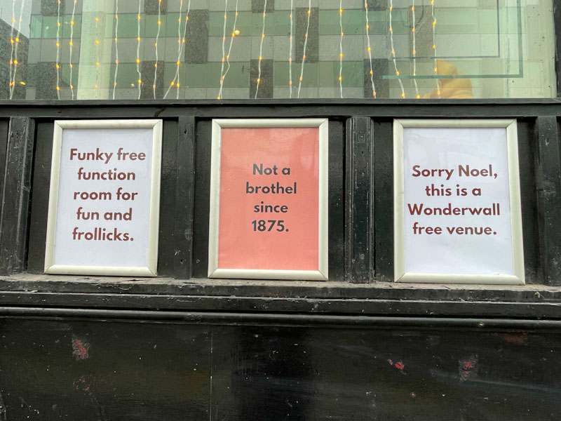 Pig and Whistle funny signs, Chapel Street, Liverpool, March 2025